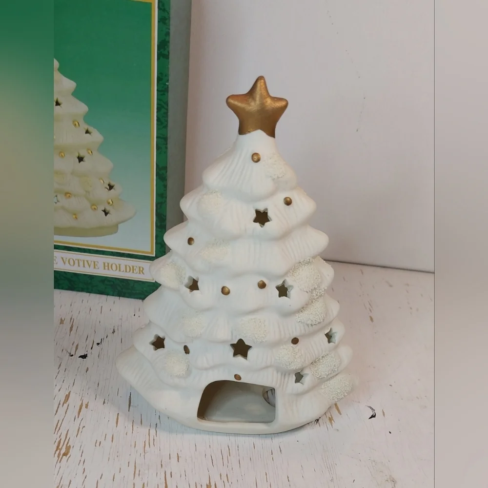 Vintage Matte Ceramic Christmas Tree Votive Holder White w Gold Star Decoration